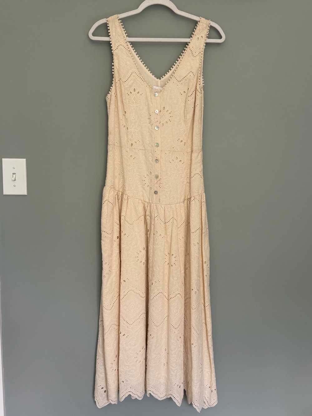 House of Harlow 1960 Cotton Ivory Eyelet Drop Waist Button Front Midi Dress